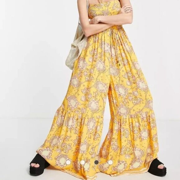 NEW Free People Yellow Printed Flowy Wide Leg Smocked Jumpsuit - Picture 5 of 11